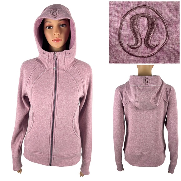 lululemon athletica Tops - Lululemon Womens 6 Hoodie Pink Big Logo Scuba Full Zip Yoga Plush Heathered